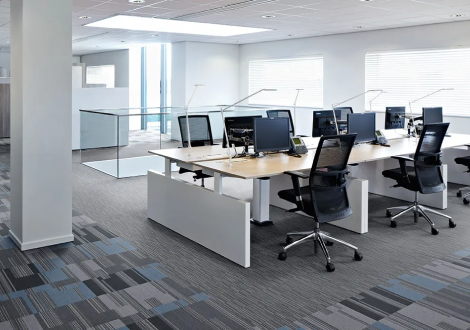 Modern office space with durable tile flooring for high-traffic areas.