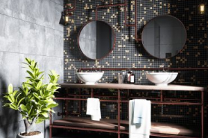 Double vanity in a luxury hotel bathroom with custom wall tiles.